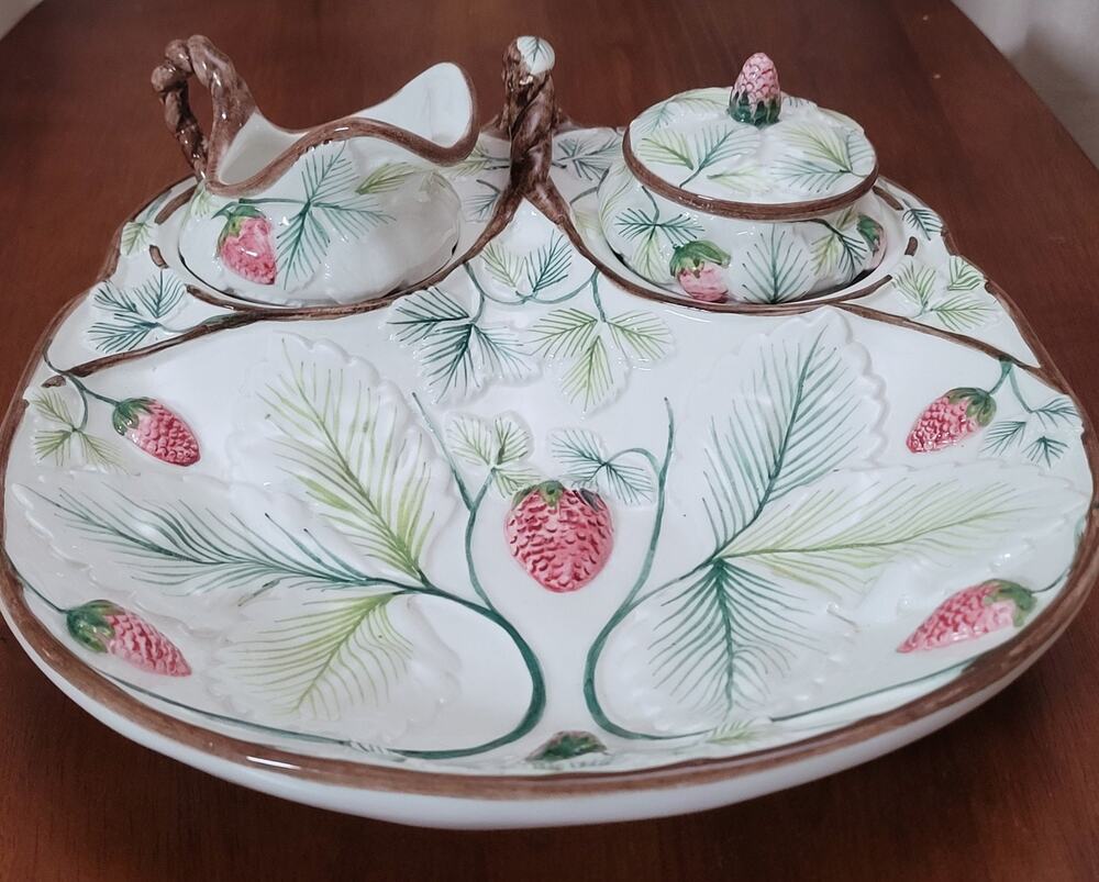 Tiffany & Co Strawberry Porcelain Sugar Creamer Tray Set Italy Exclusive